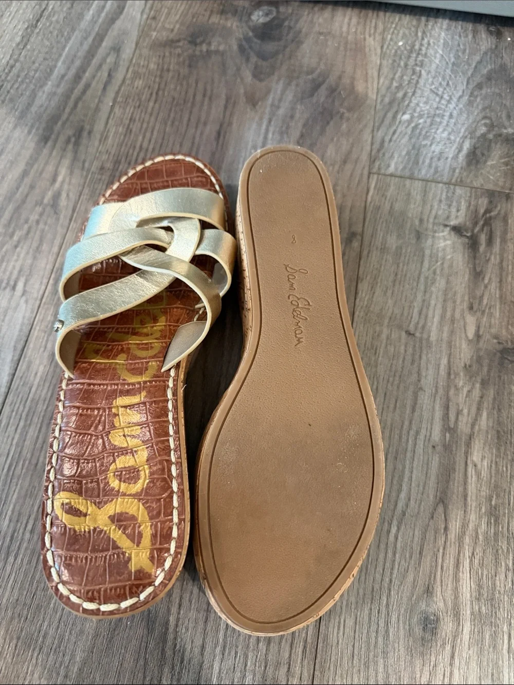 SAM EDELMAN Gold Leather Raynere Cork Platform Slide Sandal Sz 8